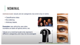 NOMINAL
When collecting data we make measurements
https://www.youtube.com/watch?v=1Q6_LRZwZrc
 