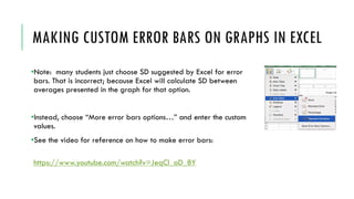 MAKING CUSTOM ERROR BARS ON GRAPHS IN EXCEL
•Note: many students just choose SD suggested by Excel for error
bars. That is incorrect; because Excel will calculate SD between
averages presented in the graph for that option.
•Instead, choose “More error bars options…” and enter the custom
values.
•See the video for reference on how to make error bars:
https://www.youtube.com/watch?v=JeqCl_aD_8Y
 