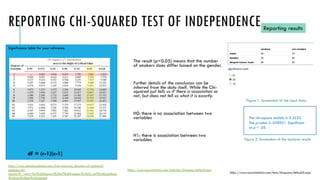 REPORTING CHI-SQUARED TEST OF INDEPENDENCE
The result (p<0.05) means that the number
of smokers does differ based on the gender.
Further details of the conclusion can be
inferred from the data itself. While the Chi-
squared just tells us if there is association or
not, but does not tell us what it is exactly.
H0: there is no association between two
variables
H1: there is association between two
variables
Reporting results
Figure 1. Screenshot of the input data.
Figure 2. Screenshot of the analysis results
https://www.socscistatistics.com/tests/chisquare/default2.aspx
The chi-square statistic is 5.3333.
The p-value is .020921. Significant
at p < .05.
Significance table for your reference
https://www.statisticssolutions.com/free-resources/directory-of-statistical-
analyses/chi-
square/#:~:text=The%20degrees%20of%20freedom%20for,null%20hypothesis
%20can%20be%20rejected.
https://www.socscistatistics.com/tutorials/chisquare/default.aspx
df = (r-1)(c-1)
 