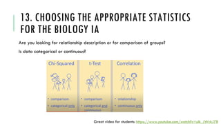 13. CHOOSING THE APPROPRIATE STATISTICS
FOR THE BIOLOGY IA
Are you looking for relationship description or for comparison of groups?
Is data categorical or continuous?
Great video for students: https://www.youtube.com/watch?v=ulk_JWckJ78
 