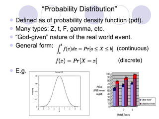 “ Probability Distribution” Defined as of probability density function (pdf). Many types: Z, t, F, gamma, etc. “ God-given” nature of the real world event. General form: E.g. (continuous) (discrete) 