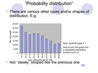 “ Probability distribution” There are various other types and/or shapes of distribution. E.g. Not “ideally” shaped like the previous one  Note:   p(AGE=age) ≠ 1 How to turn this graph into a probability distribution function (p.d.f.)? 