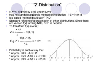 “ Z-Distribution”  (X=x) is given by area under curve Has no standard algebraic method of integration -> Z ~ N(0,1) It is called “normal distribution” (ND) Standard reference/approximation of other distributions. Since there are various f(x) forming NDs, SND is needed To transform f(x) into f(z): x - µ Z = --------- ~ N(0, 1) σ 160 –155 E.g. Z = ------------- = 0.926 5.4 Probability is such a way that: * Approx. 68%  -1< z <1 * Approx. 95% -1.96 < z < 1.96 * Approx. 99% -2.58 < z < 2.58 