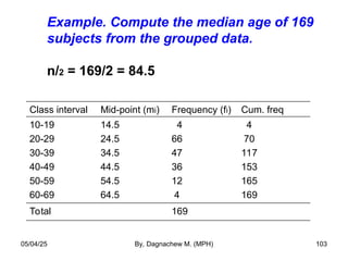 Example. Compute the median age of 169
subjects from the grouped data.
n/2 = 169/2 = 84.5
Class interval Mid-point (mi) Frequency (fi) Cum. freq
10-19
20-29
30-39
40-49
50-59
60-69
14.5
24.5
34.5
44.5
54.5
64.5
4
66
47
36
12
4
4
70
117
153
165
169
Total 169
05/04/25 By, Dagnachew M. (MPH) 103
 