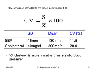CV
S
x
100
 
• “Cholesterol is more variable than systolic blood
pressure”
SD Mean CV (%)
SBP
Cholesterol
15mm
40mg/dl
130mm
200mg/dl
11.5
20.0
•CV is the ratio of the SD to the mean multiplied by 100.
05/04/25 By, Dagnachew M. (MPH) 151
 