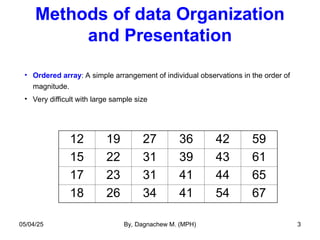 Methods of data Organization
and Presentation
• Ordered array: A simple arrangement of individual observations in the order of
magnitude.
• Very difficult with large sample size
12 19 27 36 42 59
15 22 31 39 43 61
17 23 31 41 44 65
18 26 34 41 54 67
05/04/25 By, Dagnachew M. (MPH) 3
 