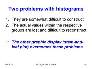 Two problems with histograms
1. They are somewhat difficult to construct
2. The actual values within the respective
groups are lost and difficult to reconstruct
 The other graphic display (stem-and-
leaf plot) overcomes these problems
05/04/25 By, Dagnachew M. (MPH) 44
 