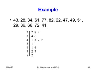 Example
• 43, 28, 34, 61, 77, 82, 22, 47, 49, 51,
29, 36, 66, 72, 41
2 2 8 9
3 4 6
4 1 3 7 9
5 1
6 1 6
7 2 7
8 2
05/04/25 By, Dagnachew M. (MPH) 46
 