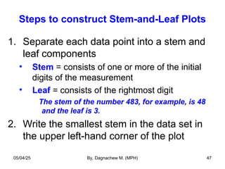Steps to construct Stem-and-Leaf Plots
1. Separate each data point into a stem and
leaf components
• Stem = consists of one or more of the initial
digits of the measurement
• Leaf = consists of the rightmost digit
The stem of the number 483, for example, is 48
and the leaf is 3.
2. Write the smallest stem in the data set in
the upper left-hand corner of the plot
05/04/25 By, Dagnachew M. (MPH) 47
 
