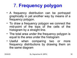 7. Frequency polygon
• A frequency distribution can be portrayed
graphically in yet another way by means of a
frequency polygon.
• To draw a frequency polygon we connect the
mid-point of the tops of the cells of the
histogram by a straight line.
• The total area under the frequency polygon is
equal to the area under the histogram
• Useful when comparing two or more
frequency distributions by drawing them on
the same diagram
05/04/25 By, Dagnachew M. (MPH) 50
 