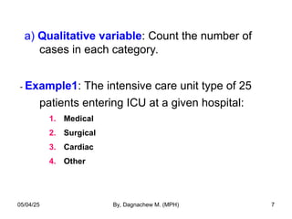 a) Qualitative variable: Count the number of
cases in each category.
- Example1: The intensive care unit type of 25
patients entering ICU at a given hospital:
1. Medical
2. Surgical
3. Cardiac
4. Other
05/04/25 By, Dagnachew M. (MPH) 7
 