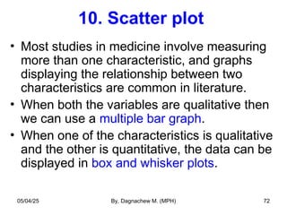 10. Scatter plot
• Most studies in medicine involve measuring
more than one characteristic, and graphs
displaying the relationship between two
characteristics are common in literature.
• When both the variables are qualitative then
we can use a multiple bar graph.
• When one of the characteristics is qualitative
and the other is quantitative, the data can be
displayed in box and whisker plots.
05/04/25 By, Dagnachew M. (MPH) 72
 