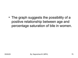 • The graph suggests the possibility of a
positive relationship between age and
percentage saturation of bile in women.
05/04/25 By, Dagnachew M. (MPH) 75
 