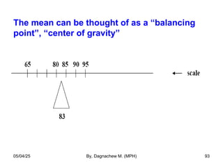The mean can be thought of as a “balancing
point”, “center of gravity”
05/04/25 By, Dagnachew M. (MPH) 93
 