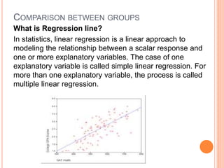 COMPARISON BETWEEN GROUPS
What is Regression line?
In statistics, linear regression is a linear approach to
modeling the relationship between a scalar response and
one or more explanatory variables. The case of one
explanatory variable is called simple linear regression. For
more than one explanatory variable, the process is called
multiple linear regression.
 