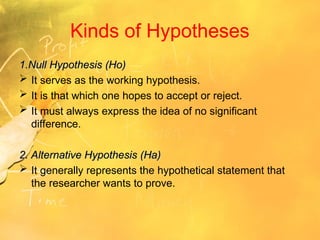 Kinds of Hypotheses
1.Null Hypothesis (Ho)
1.Null Hypothesis (Ho)
 It serves as the working hypothesis.
 It is that which one hopes to accept or reject.
 It must always express the idea of no significant
difference.
2. Alternative Hypothesis (Ha)
2. Alternative Hypothesis (Ha)
 It generally represents the hypothetical statement that
the researcher wants to prove.
 