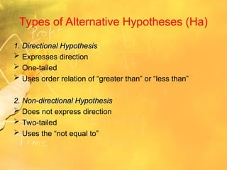 Types of Alternative Hypotheses (Ha)
1. Directional Hypothesis
1. Directional Hypothesis
 Expresses direction
 One-tailed
 Uses order relation of “greater than” or “less than”
2. Non-directional Hypothesis
2. Non-directional Hypothesis
 Does not express direction
 Two-tailed
 Uses the “not equal to”
 