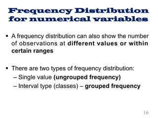 Frequency Distribution
for numerical variables
§ A frequency distribution can also show the number
of observations at different values or within
certain ranges
§ There are two types of frequency distribution:
– Single value (ungrouped frequency)
– Interval type (classes) – grouped frequency
16
 