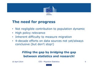 Eurostat
The need for progress
• Not negligible contribution to population dynamic
• High policy relevance
• Inherent difficulty to measure migration
• 4-decade efforts on data sources not yet/always
conclusive (but don't stop!)
Filling the gap by bridging the gap
between statistics and research!
10 April 2014 CES - Migration Statistics 9
 