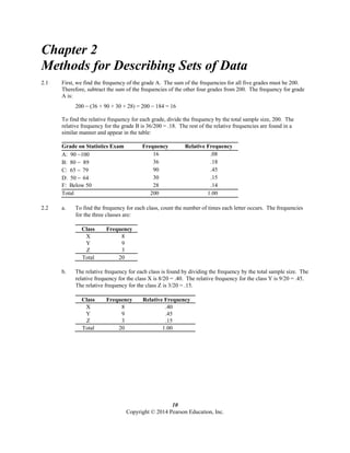 10
Copyright © 2014 Pearson Education, Inc.
Chapter 2
Methods for Describing Sets of Data
2.1 First, we find the frequency of the grade A. The sum of the frequencies for all five grades must be 200.
Therefore, subtract the sum of the frequencies of the other four grades from 200. The frequency for grade
A is:
200  (36 + 90 + 30 + 28) = 200  184 = 16
To find the relative frequency for each grade, divide the frequency by the total sample size, 200. The
relative frequency for the grade B is 36/200 = .18. The rest of the relative frequencies are found in a
similar manner and appear in the table:
Grade on Statistics Exam Frequency Relative Frequency
A: 90 100 16 .08
B: 80  89 36 .18
C: 65  79 90 .45
D: 50  64 30 .15
F: Below 50 28 .14
Total 200 1.00
2.2 a. To find the frequency for each class, count the number of times each letter occurs. The frequencies
for the three classes are:
Class Frequency
X 8
Y 9
Z 3
Total 20
b. The relative frequency for each class is found by dividing the frequency by the total sample size. The
relative frequency for the class X is 8/20 = .40. The relative frequency for the class Y is 9/20 = .45.
The relative frequency for the class Z is 3/20 = .15.
Class Frequency Relative Frequency
X 8 .40
Y 9 .45
Z 3 .15
Total 20 1.00
 