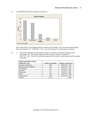 Methods for Describing Sets of Data 13
Copyright © 2014 Pearson Education, Inc.
2.5 Using MINITAB, the Pareto diagram for the data is:
Tenants
Percent
Anchor
Major
Large
SmallStandard
Small
50
40
30
20
10
0
Chart of Tenants
Percent within all data.
Most of the tenants in UK shopping malls are small or small standard. They account for approximately
84% of all tenants ([711 + 819]/1,821 = .84). Very few (less than 1%) of the tenants are anchors.
2.6 a. The relative frequency for each response category is found by dividing the frequency by the
total sample size. The relative frequency for the category “Insurance Companies” is
869/2119 = .410. The rest of the relative frequencies are found in a similar manner and are reported
in the table.
Most responsible for rising
health-care costs Number responding Relative Frequencies
Insurance companies 869 869/2119 = .410
Pharmaceutical companies 339 339/2119 = .160
Government 338 338/2119 = .160
Hospitals 127 127/2119 = .060
Physicians 85 85/2119 = .040
Other 128 128/2119 = .060
Not at all sure 233 233/2119 = .110
TOTAL 2,119 1.000
 