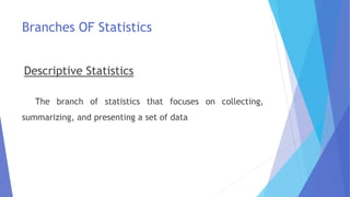 Branches OF Statistics
Descriptive Statistics
The branch of statistics that focuses on collecting,
summarizing, and presenting a set of data
 