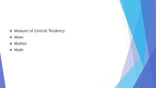  Measure of Central Tendency
 Mean
 Median
 Mode
 