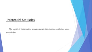 Inferential Statistics
The branch of Statistics that analyzes sample data to draw conclusions about
a population.
 