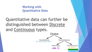 Working with
Quantitative Data
Quantitative data can further be
distinguished between Discrete
and Continuous types.
 