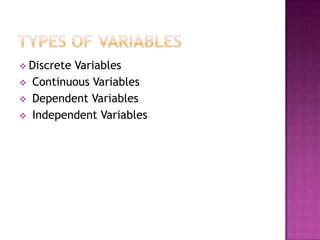  Discrete Variables
   Continuous Variables
   Dependent Variables
   Independent Variables
 