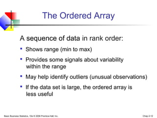 Basic Business Statistics, 10e © 2006 Prentice-Hall, Inc. Chap 2-12
The Ordered Array
A sequence of data in rank order:
 Shows range (min to max)
 Provides some signals about variability
within the range
 May help identify outliers (unusual observations)
 If the data set is large, the ordered array is
less useful
 
