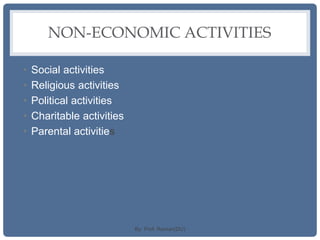 NON-ECONOMIC ACTIVITIES
• Social activities
• Religious activities
• Political activities
• Charitable activities
• Parental activities
By: Prof. Raman(DU)
 