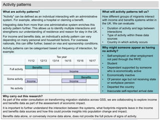 Why might someone appear as having
no activity?
• Self-employed or other employment
not paid through the PAYE
• Student
• Dependant supported by someone
who is economically active
• Economically inactive
• Of pension age but not receiving state
or workplace pension
• Departed the country
• Inaccurate self-reported arrival date
What are activity patterns?
"Activity" can be defined as an individual interacting with an administrative
system. For example, attending a hospital or claiming a benefit.
Integrating data from more than one administrative system enriches this
activity pattern further. This allows us to identify multiple interactions and
strengthens our understanding of residence and reason for stay in the UK.
For income and benefits data, an individual’s activity pattern can vary
depending on many personal and household factors. For overseas
nationals, this can differ further, based on visa and sponsorship conditions.
Activity patterns can be categorised based on frequency of interaction, for
example:
Tax year
11/12 12/13 13/14 14/15 15/16 16/17
Full activity
Benefits
Income
Some activity
Benefits
Income Income
No activity
What will activity patterns tell us?
How different groups of migrants interact
with income and benefits systems whilst in
the UK. We can evaluate:
• Duration of activity and lags between
interactions
• Type of activity within these data
sources
• Country in which activity occurs
Why carry out this research?
As part of the wider consultation on transforming migration statistics across GSS, we are collaborating to explore income
and benefits data as part of the assessment of economic impact.
It is important to further understand the interaction between the systems, what footprints migrants leave in the income
and benefits data sources and how this could provide insights into population change and impact.
Benefits data alone, or conversely income data alone, does not provide the full picture of signs of activity.
Activity patterns
 