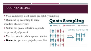 QUOTA SAMPLING
 Most commonly used in non probability sampling
 Quota set up according to some
specified characteristics
 Within the quota, selection depends
on personal judgement
 Merits : used in public opinion studies
 Demerits : personal prejudice and bias
 