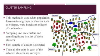 CLUSTER SAMPLING
 This method is used when population
forms natural groups or clusters such
as villages, ward blocks or children
of a school etc
 Sampling unit are clusters and
sampling frame is a list of these
clusters
 First sample of cluster is selected
 Then all the units in each of the
selected clusters are surveyed
 