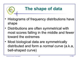 The shape of data  Histograms of frequency distributions have shape Distributions are often symmetrical with most scores falling in the middle and fewer toward the extremes Most biological data are symmetrically distributed and form a  normal   curve  (a.k.a, bell-shaped curve) 