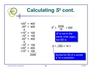 Calculating  S 2  cont.  Symbol for SD of a sample     for a population  S 2  is not in the  same units (age),  but SD is 
