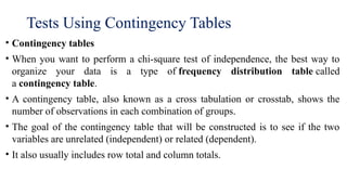 Tests Using Contingency Tables
• Contingency tables
• When you want to perform a chi-square test of independence, the best way to
organize your data is a type of frequency distribution table called
a contingency table.
• A contingency table, also known as a cross tabulation or crosstab, shows the
number of observations in each combination of groups.
• The goal of the contingency table that will be constructed is to see if the two
variables are unrelated (independent) or related (dependent).
• It also usually includes row total and column totals.
 