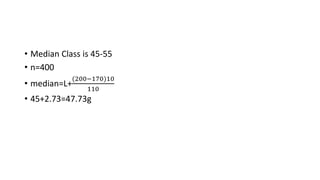 • Median Class is 45-55
• n=400
• median=L+
(200−170)10
110
• 45+2.73=47.73g
 