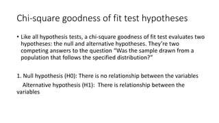 Chi-square goodness of fit test hypotheses
• Like all hypothesis tests, a chi-square goodness of fit test evaluates two
hypotheses: the null and alternative hypotheses. They’re two
competing answers to the question “Was the sample drawn from a
population that follows the specified distribution?”
1. Null hypothesis (H0): There is no relationship between the variables
Alternative hypothesis (H1): There is relationship between the
variables
 