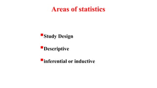 Study Design
Descriptive
inferential or inductive
Areas of statistics
 
