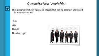 Quantitative Variable:
It is a characteristic of people or objects that can be naturally expressed
in a numeric value.
E.g.
Age
Height
Bond strength
 