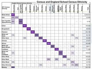 2011 Census
ethnicity
English School Census ethnicity
WhiteBritish
Irish
IrishTraveller/
Gypsy/Romany
Indian
Bangladeshi
Pakistani
Whiteand
Asian
OtherAsian
Chinese
African
Whiteand
BlackAfrican
Caribbean
Whiteand
Black
Caribbean
OtherWhite
OtherBlack
OtherMixed
OtherEthnicity
Missing
Total
(denominator)
White British 95% 0.50% 0.50% 0.50% 0.50% 0.50% 0.50% 0.50% 0.50% 0.50% 0.50% 0.50% 0.50% 2% 0.50% 0.50% 0.50% 2% 5,048,672
Irish 41% 47% 1% 0.50% 0.50% 0.50% 1% 0.50% 0.50% 0.50% 0.50% 0.50% 0.50% 5% 0.50% 3% 0.50% 2% 22,609
Irish Traveller/
Gypsy/Romany
35% 2% 54% 0.50% 0.50% 0.50% 0.50% 0.50% 0.50% 0.50% 0.50% 0.50% 0.50% 6% 0.50% 0.50% 1% 2% 9,150
Indian
0.50
%
0.50% 0.50% 89% 0.50% 1% 1% 5% 0.50% 0.50% 0.50% 0.50% 0.50% 0.50% 0.50% 1% 0.50% 2% 169,609
Bangladeshi
0.50
%
0.50% 0.50% 0.50% 92% 1% 0.50% 2% 0.50% 0.50% 0.50% 0.50% 0.50% 0.50% 0.50% 0.50% 0.50% 4% 99,905
Pakistani
0.50
%
0.50% 0.50% 1% 0.50% 86% 1% 4% 0.50% 0.50% 0.50% 0.50% 0.50% 0.50% 0.50% 1% 3% 4% 252,189
White and
Asian
11% 0.50% 0.50% 1% 0.50% 2% 54% 3% 0.50% 0.50% 0.50% 0.50% 0.50% 3% 0.50% 15% 3% 4% 82,152
Other Asian 1% 0.50% 0.50% 12% 0.50% 2% 2% 58% 1% 0.50% 0.50% 0.50% 0.50% 0.50% 0.50% 4% 17% 2% 84,028
Chinese 2% 0.50% 0.50% 0.50% 0.50% 0.50% 1% 2% 83% 0.50% 0.50% 0.50% 0.50% 0.50% 0.50% 7% 2% 2% 27,577
African 1% 0.50% 0.50% 0.50% 0.50% 0.50% 0.50% 1% 0.50% 83% 1% 1% 0.50% 1% 7% 2% 1% 3% 190,489
White and
Black African
6% 0.50% 0.50% 0.50% 0.50% 0.50% 0.50% 0.50% 0.50% 8% 55% 1% 3% 3% 3% 14% 2% 4% 38,611
Caribbean 1% 0.50% 0.50% 0.50% 0.50% 0.50% 0.50% 0.50% 0.50% 3% 0.50% 77% 3% 0.50% 9% 3% 1% 4% 71,256
White and
Black
Caribbean
12% 0.50% 0.50% 0.50% 0.50% 0.50% 0.50% 0.50% 0.50% 0.50% 2% 3% 62% 1% 2% 12% 1% 4% 108,920
Other White 8% 0.50% 1% 0.50% 0.50% 0.50% 1% 0.50% 0.50% 0.50% 0.50% 0.50% 0.50% 75% 0.50% 6% 5% 3% 169,626
Other Black 1% 0.50% 0.50% 0.50% 0.50% 0.50% 0.50% 0.50% 0.50% 34% 1% 30% 2% 0.50% 20% 6% 1% 4% 27,625
Other Mixed 10% 0.50% 0.50% 1% 0.50% 1% 5% 3% 1% 2% 3% 2% 8% 5% 4% 47% 5% 5% 23,763
Other Ethnicity 5% 0.50% 0.50% 0.50% 0.50% 0.50% 2% 12% 0.50% 2% 1% 0.50% 0.50% 10% 2% 10% 50% 4% 66,760
Missing 69% 0.50% 0.50% 2% 1% 3% 1% 2% 0.50% 4% 0.50% 2% 1% 5% 1% 2% 2% 3% 222,193
Census and England School Census Ethnicity
 
