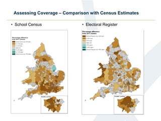 Assessing Coverage – Comparison with Census Estimates
• School Census • Electoral Register
 