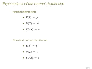 Expectations of the normal distribution
Normal distribution
• E(X) = µ
• V(X) = σ2
• SD(X) = σ
Standard normal distribution
• E(Z) = 0
• V(Z) = 1
• SD(Z) = 1
29 / 31
 