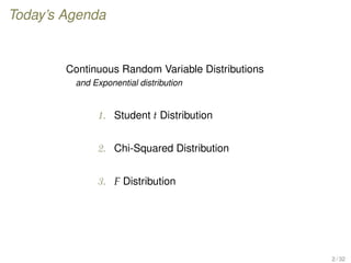 Today’s Agenda
Continuous Random Variable Distributions
and Exponential distribution
1. Student t Distribution
2. Chi-Squared Distribution
3. F Distribution
2 / 32
 