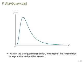 F distribution plot
0
F
f(F )
 As with the chi-squared distribution, the shape of the F distribution
is asymmetric and positive skewed
26 / 32
 