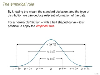 The empirical rule
By knowing the mean, the standard deviation, and the type of
distribution we can deduce relevant information of the data
For a normal distribution – with a bell shaped curve – it is
possible to apply the empirical rule
≈ 68%
≈ 95%
≈ 99.7%
µ − 3σ µ − 2σ µ − σ µ µ + σ µ + 2σ µ + 3σ
16 / 36
 