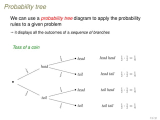 Probability tree
We can use a probability tree diagram to apply the probability
rules to a given problem
ª it displays all the outcomes of a sequence of branches
Toss of a coin
•
tail
tail1
2
head
1
21
2
head
tail1
2
head
1
2
1
2
head head 1
2
· 1
2
= 1
4
head tail 1
2
· 1
2
= 1
4
tail head 1
2
· 1
2
= 1
4
tail tail 1
2
· 1
2
= 1
4
13 / 31
 