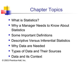 © 2003 Prentice-Hall, Inc.
Chapter Topics
 What is Statistics?
 Why a Manager Needs to Know About
Statistics
 Some Important Definitions
 Descriptive Versus Inferential Statistics
 Why Data are Needed
 Types of Data and Their Sources
 Data and its Context
 